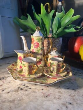 Miniature Decor Chintz Tea Set with Gold Trim - Yellow Floral Pattern